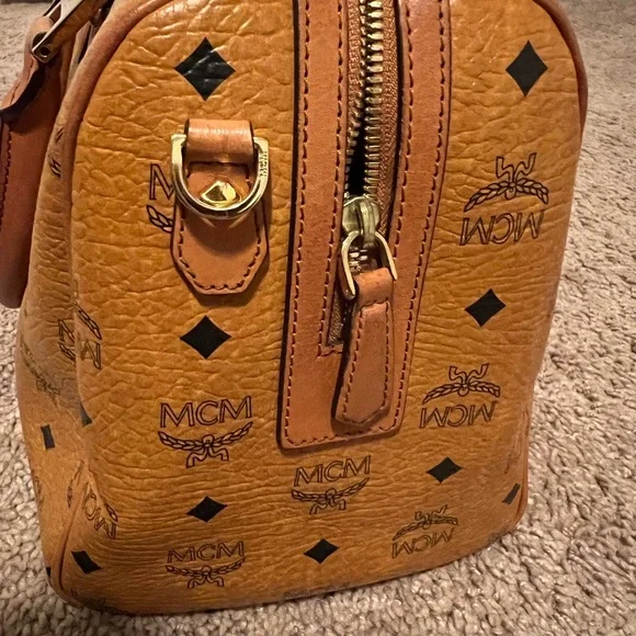 MCM Cognac Visetos Coated Canvas Heritage Boston Bag.
